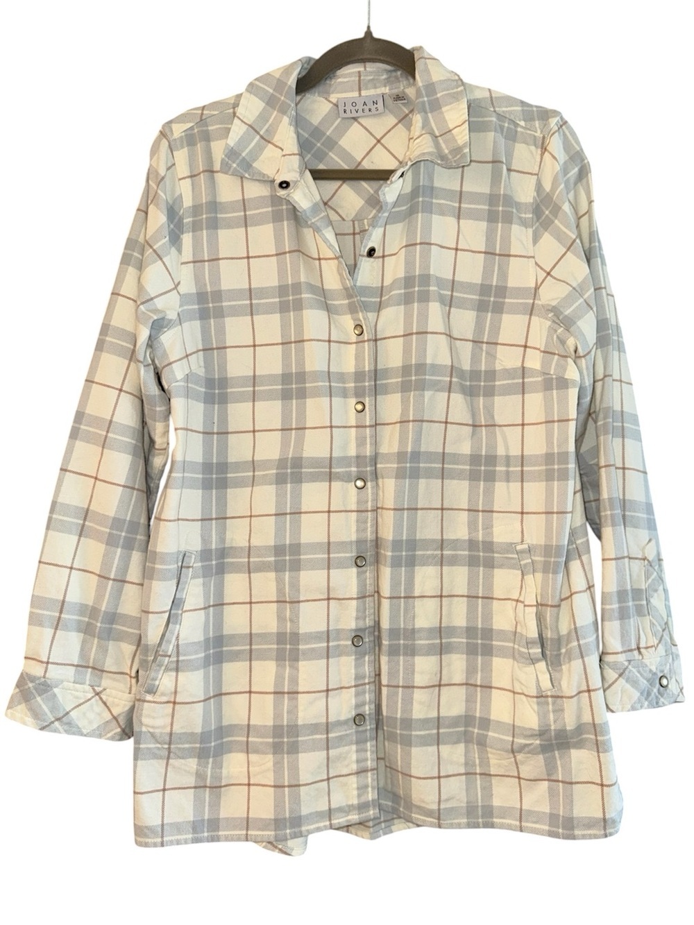 Joan Rivers Light Blue and Cream Plaid Button-Up Shirt M